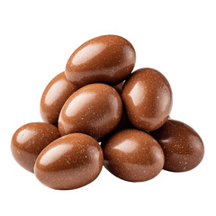A pyramid of chocolate-covered nuts.  Smooth, glossy, light brown chocolate-coated, oval-shaped treats nestled together