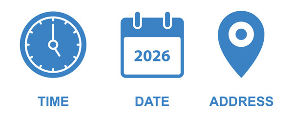 time location calendar icon set. Address, notification bell. clock sign. location pin signs. Calendar icon symbol. Location place, date reminder. Vector