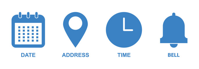 time location calendar icon set. Address, notification bell. clock sign. location pin signs. Calendar icon symbol. Location place, date reminder. Vector