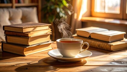 Warm Cup of Tea Next to Stacked Books in Cozy Reading Nook