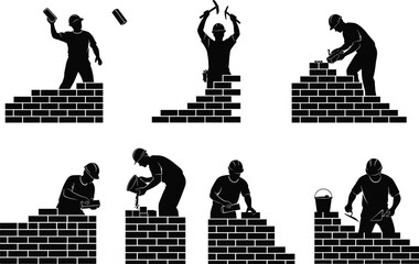 Construction workers silhouette vector, bricklaying illustration, masonry labor poses, black and white builder icons, trowel, mortar, teamwork, industrial tools