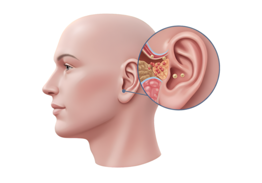 Medical illustration of a human head in profile with a detailed view of the ear's inner structures.
