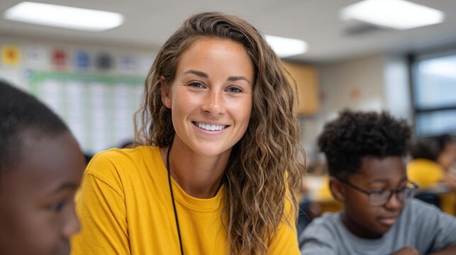 A cheerful teacher interacts with students in a bright classroom, promoting a positive learning environment. Ideal for educational themes.