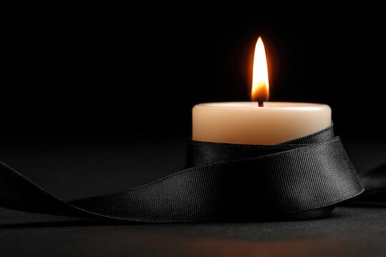 A single candle burns softly, wrapped in a black ribbon, symbolizing remembrance and honoring a loved one in a quiet setting
