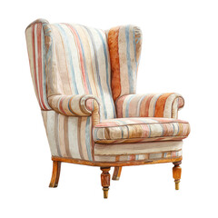 A wingback chair with colorful striped fabric