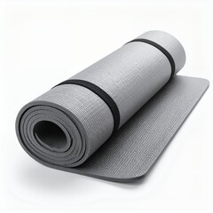 Rolled exercise mat secured with bands presents calm workout potential on white background