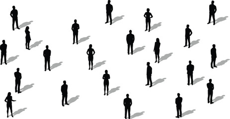 Black people silhouette collection, men and women standing with shadows, vector illustration set for crowd, business, teamwork, office, and lifestyle design.