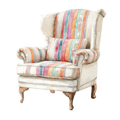 Watercolor illustration of an armchair.  Colorful striped fabric upholstery over a light beige frame, with wingback style.  Decorative pillows