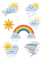 Cute weather illustrations featuring clouds sun rainbow snow wind tornado rain