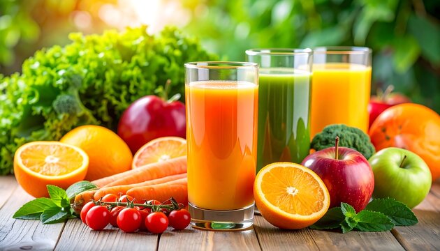 Three glasses of fresh juice with assorted fruits and vegetables on a wooden table