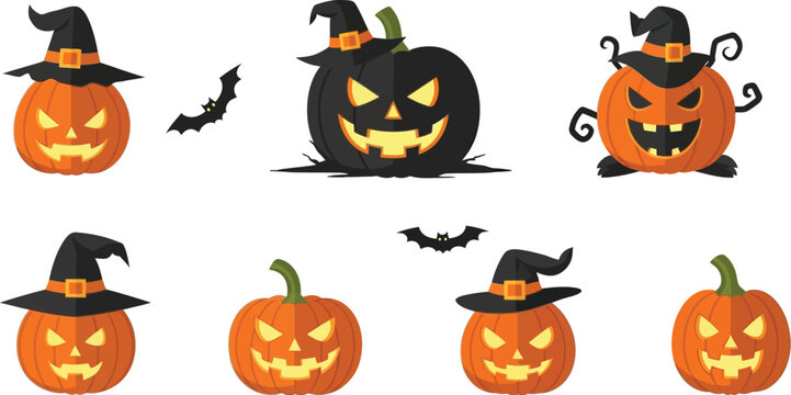 A halloween themed image with various pumpkins wearing witch hats and bats on a white background