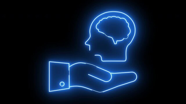 hand icon carrying head and brain logo icon with neon effect