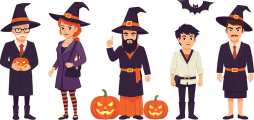 A group of people dressed in halloween costumes including witches and a bat on a cream background