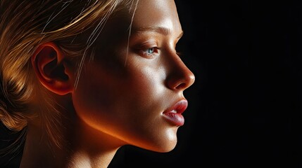Profile Portrait of a Beautiful Woman with Glossy Skin and Radiant Light in Dark Background