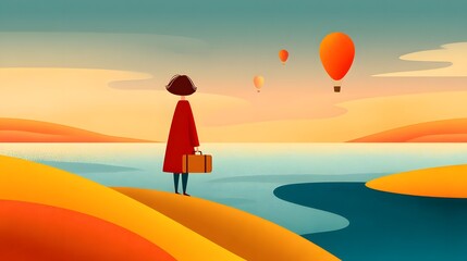 Woman in Red Coat Looking at Colorful Hot Air Balloons over Calm Water at Sunset