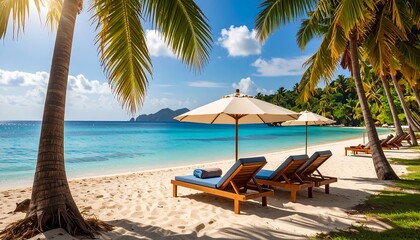 Tropical beach scene with sun loungers