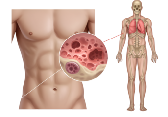Illustration depicting a human torso with visible abdominal muscles, a skeleton with lungs, and a magnified view of diseased lungs showing damage and lesions.