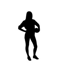 A bold silhouette of a young woman, poised and athletic, holding a ball close to her body.