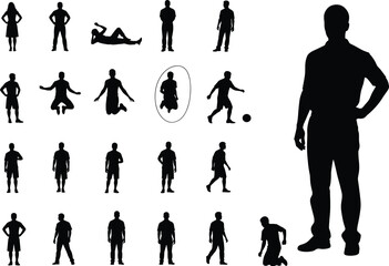 Silhouette set of people in various standing, sitting, kneeling, walking, and playing poses, including one highlighted figure, isolated on white background.