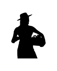 Bold, black vector silhouette of a woman wearing a hat and holding a basket