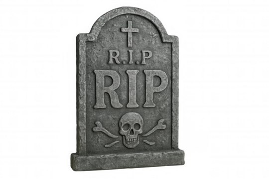 Gray tombstone with skull and crossbones and rip text isolated on transparent background, perfect for halloween projects