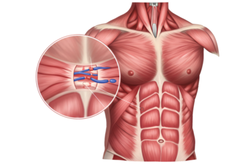 Detailed anatomical illustration of the human chest muscles, highlighting the nerves and vascular system.