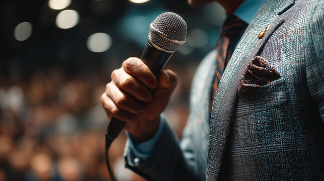 Businessman speaking into microphone in conference hall, close-up.