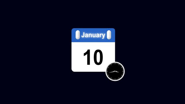 January 10 Daily Calendar with clock icon animation on transparent background. Calendar with the date january 10 on a black background. calendar banner colors blue and white