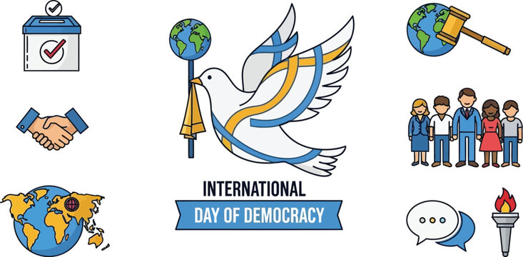 International day of democracy illustration with symbols of peace and democratic values shown clearly