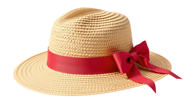 Straw boater hat with red ribbon, classic summer accessory, elegant style, woven texture, cheerful vibe
