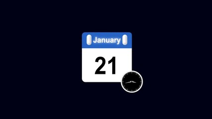 January 21 Daily Calendar with clock icon animation on transparent background. Calendar with the date january 21 on a black background. calendar banner colors blue and white