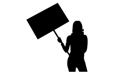 Silhouette of a woman holding a large blank protest sign against a plain white background.