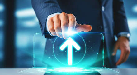 A person in a suit is pushing a glowing, upward-pointing arrow on a futuristic interface, symbolizing progress, business growth, and future technology.