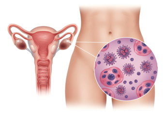 Female reproductive system anatomy with magnified view of bacterial infection.
