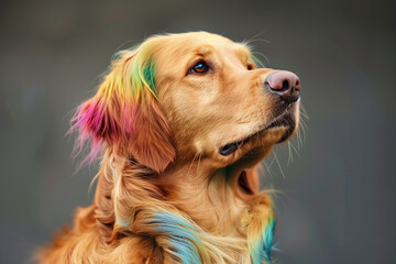Golden Retriever with Rainbow-Colored Hair