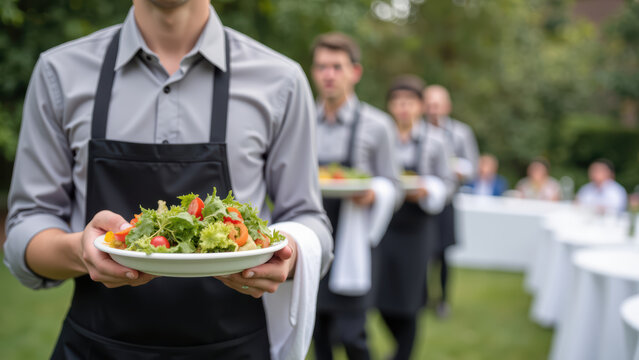 Professional waiters serve fresh salads at outdoor event, showcasing elegant catering in beautiful garden setting