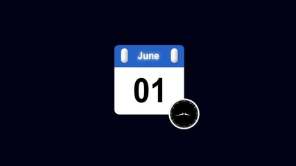 01 June Banner Animation , June 01 calendar animation with transparent on a black background. Calendar from january to december. Animated monthly calendar flips page in trendy. 4k