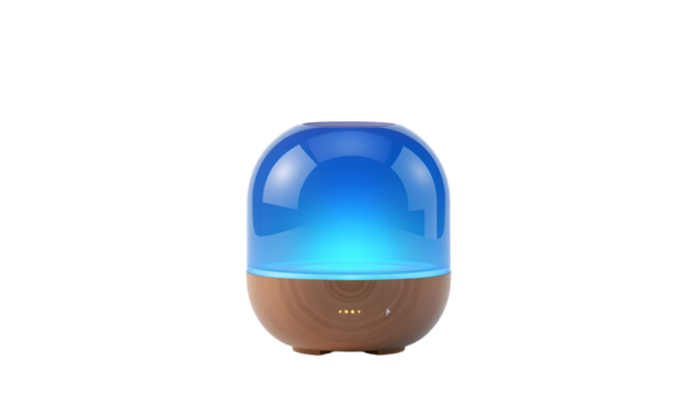 Modern sleek diffuser with blue light, wood base, minimalist style, home decor, relaxation, glowing, calm