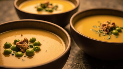 Creamy soup served in wooden bowls, garnished with green peas and crunchy toppings, evokes warmth and comfort