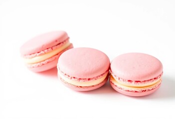 Obraz premium Three delicate pink macarons arranged on a white background, meringue, buttercream
