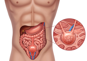 Medical illustration of a human abdomen showing internal organs and a hernia.