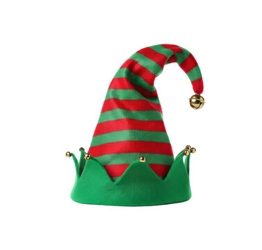 Festive Christmas elf hat in red and green stripes with gold bell, isolated on transparent background, perfect for holiday decorations, winter templates, costume mockups, and seasonal design projects