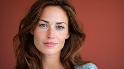 Close-up portrait of a woman with brown hair and freckles against a warm background. Ideal for beauty and lifestyle themes.