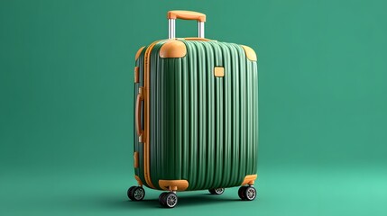 Stylish Green Roller Suitcase with Orange Accents Against a Solid Turquoise Background