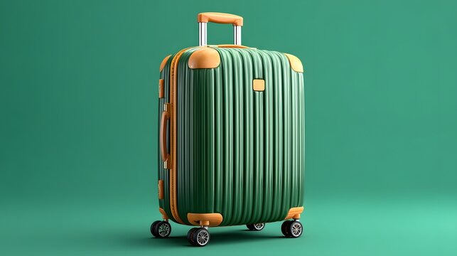 Stylish Green Roller Suitcase with Orange Accents Against a Solid Turquoise Background