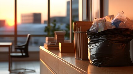 Office Workspace with Garbage Bag Highlighted by Sunset Through Large Window in Urban Setting