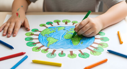 Child drawing the Earth surrounded by trees with colorful crayons and pencils, representing environmental awareness