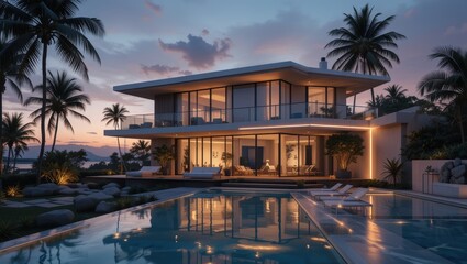 Fototapeta premium Modern Luxury Villa by Swimming Pool at Night Surrounded by Palm Trees and Serene Landscape