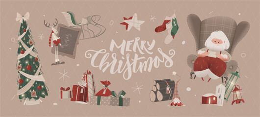 Merry Christmas postcard with Santa Claus reading a letter in a cozy armchair, Christmas tree, gifts, decorations, garlands, cartoon vector illustration.