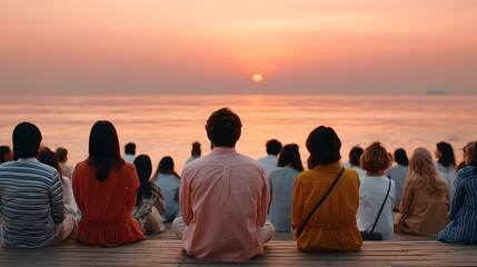 Group of People Watching a Vibrant Sunset Over the Ocean from a Beach in Tranquil Atmosphere
